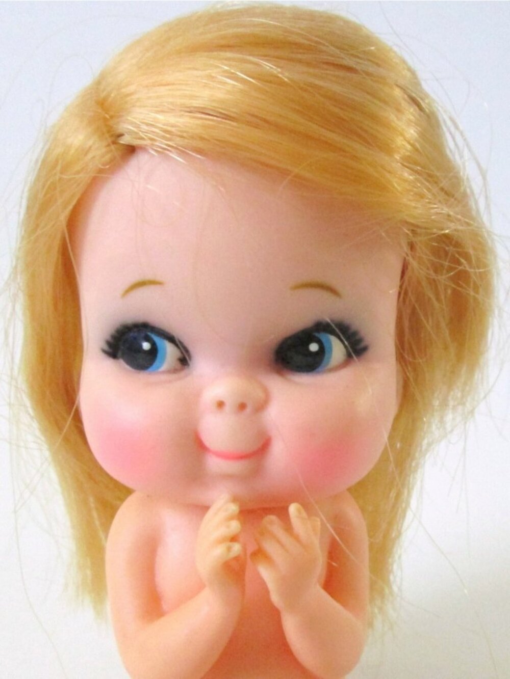 Vintage Sun Bunny Sassy Rubber Doll Blonde Hair Big Eyes Kneeling 5" Tall 1970s